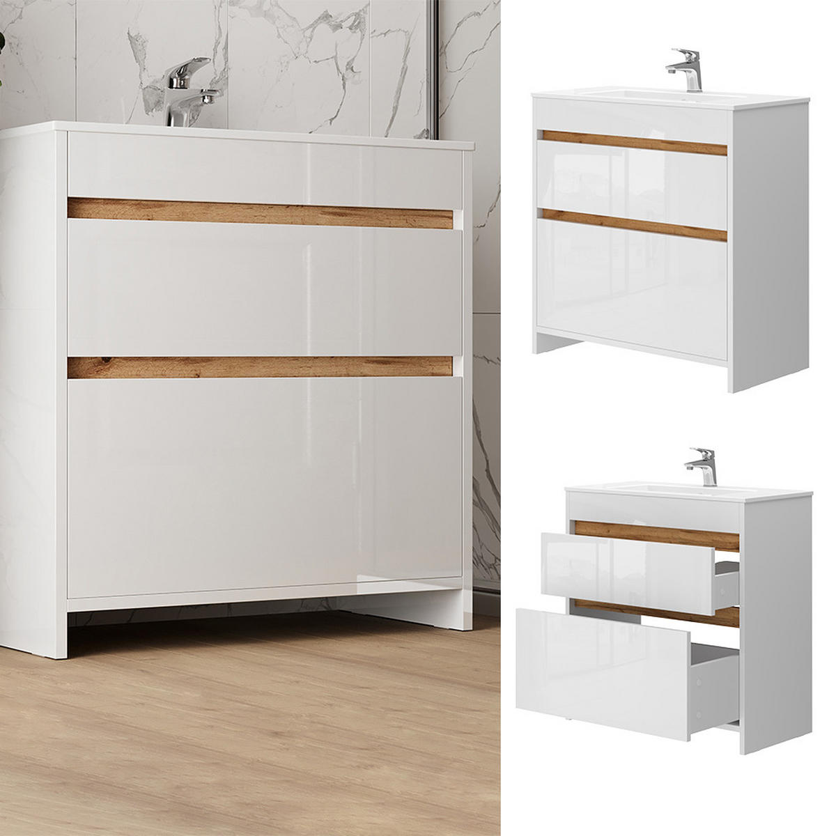 WASCHTISCHKOMBI Detmold, Weiß, 2 Teile, Unterschrank 80 cm - Weiß Hochglanz/Eiche Wotan, Holzwerkstoff (79.8/81.9/40cm) - Vicco