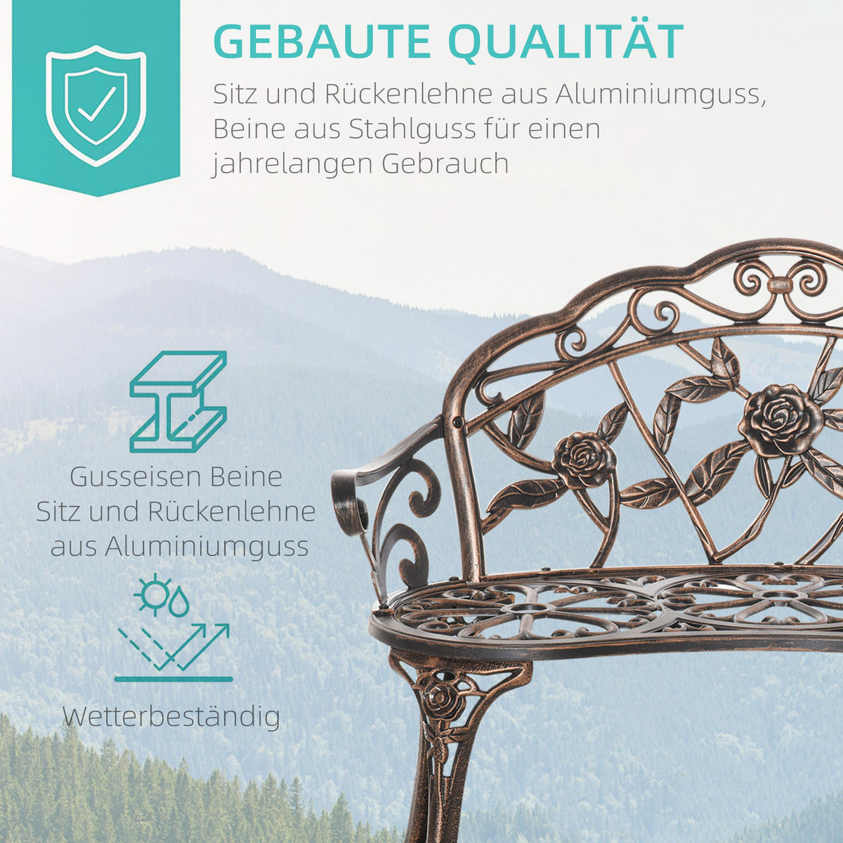 GARTENBANK 2-Sitzer DE-08358 Retro Stil mit Blumenmuster Bronze - Bronzefarben, Metall (100/78/54cm) - ComfortXL