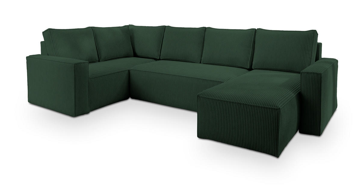 WOHNLANDSCHAFT NORENA L-S Grün Kordstoff mit Schlaffunktion - Grün, Holz (295/85/157.5cm) - MASSENO