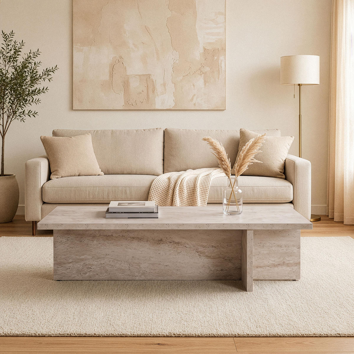 COUCHTISCH mit rechteckiger Platte und asymmetrischem Fuß L120 cm - HARBOR - Beige, Holzwerkstoff (50/45/30cm) - Calicosy