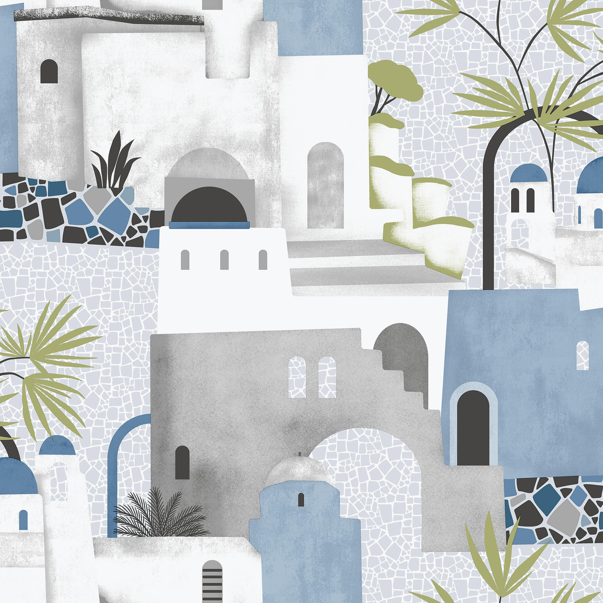 TAPETE Mediterrane Häuser 53 cm x 10 m - Blau, Papier (53/1000cm) - Sanders & Sanders