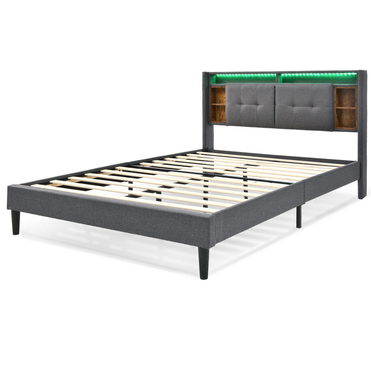 POLSTERBETT aus Massivholz 140x200 cm in Grau mit LED & USB-Ladestation - Grau, Holz (140/200cm) - Modfu