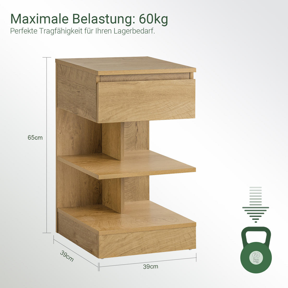 NACHTTISCH Natur - Naturfarben, Holzwerkstoff (39/39/65cm) - SoBuy