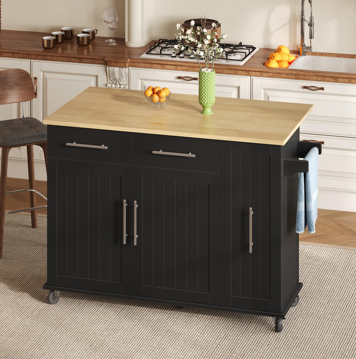 KÜCHENINSEL 120/40(65)/90 cm mit klappbarer Arbeitsplatte, 3-stufigem Auszug und Rollen, MDF, Schwarz/Natur - Schwarz, Holzwerkstoff (120/90/65cm) - Redom