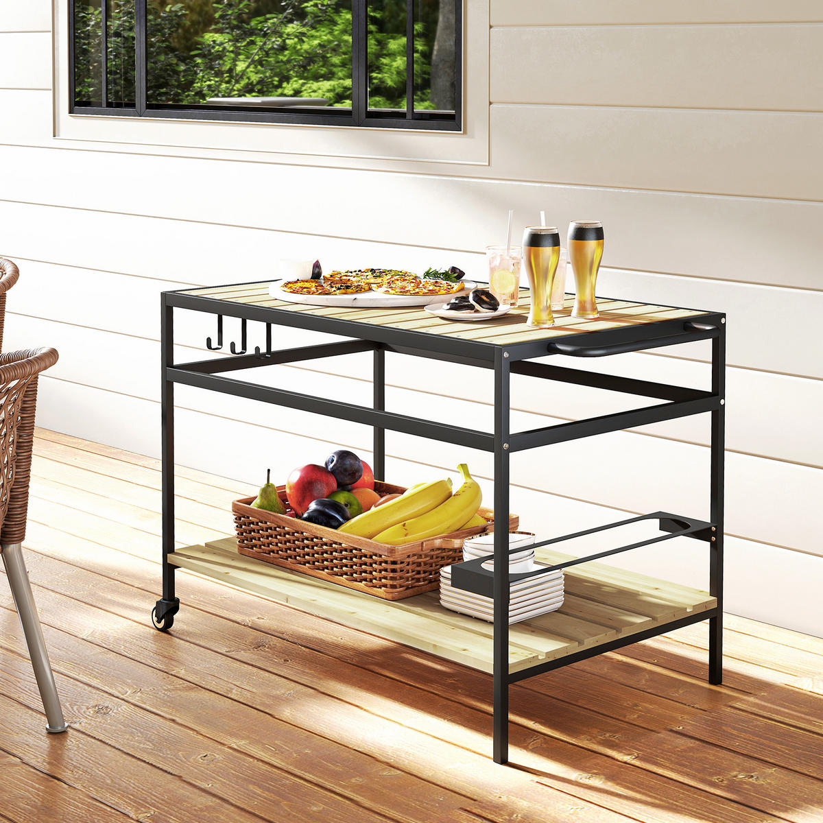 SERVIERWAGEN, Gartenrollwagen mit 2 Regalen, Haken, Rollen, Stahl, Tannenholz, Natur - Fichtefarben, Holz/Metall (65/80/107cm) - Outsunny