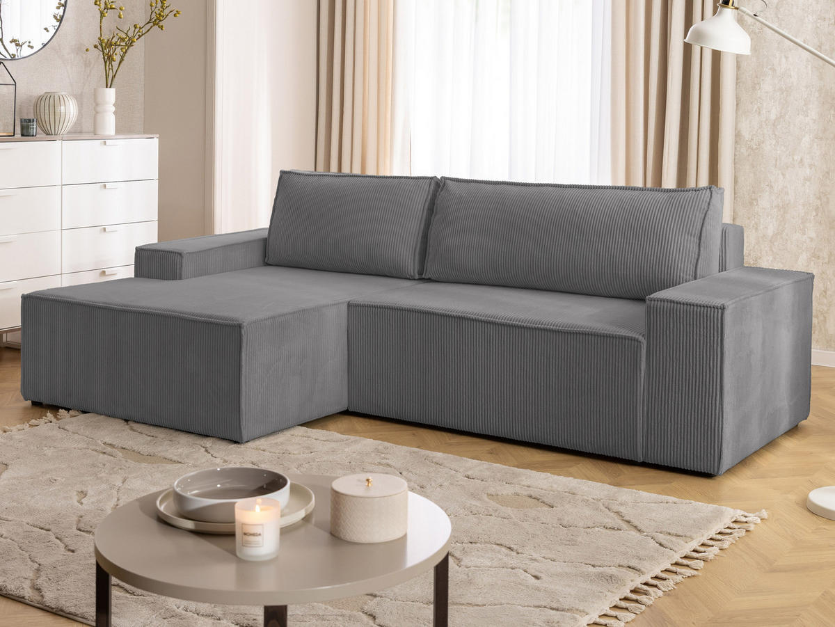 ECKSOFA Rivio mit Schlaffunktion und Bettkasten, Cordstoff Grau - Schwarz/Grau, Holz/Kunststoff (149/262cm) - S-Style
