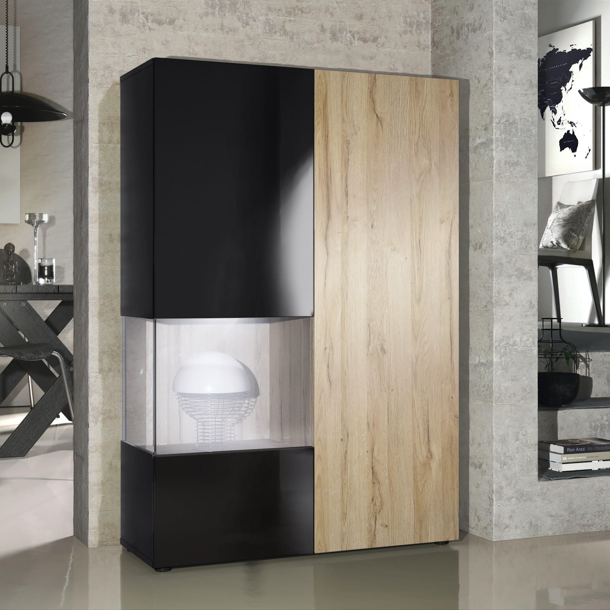 VITRINE Morena Tür und Einsatz in Eiche Natur - Eichefarben, Holzwerkstoff (91.5/136.5/37cm) - Vladon