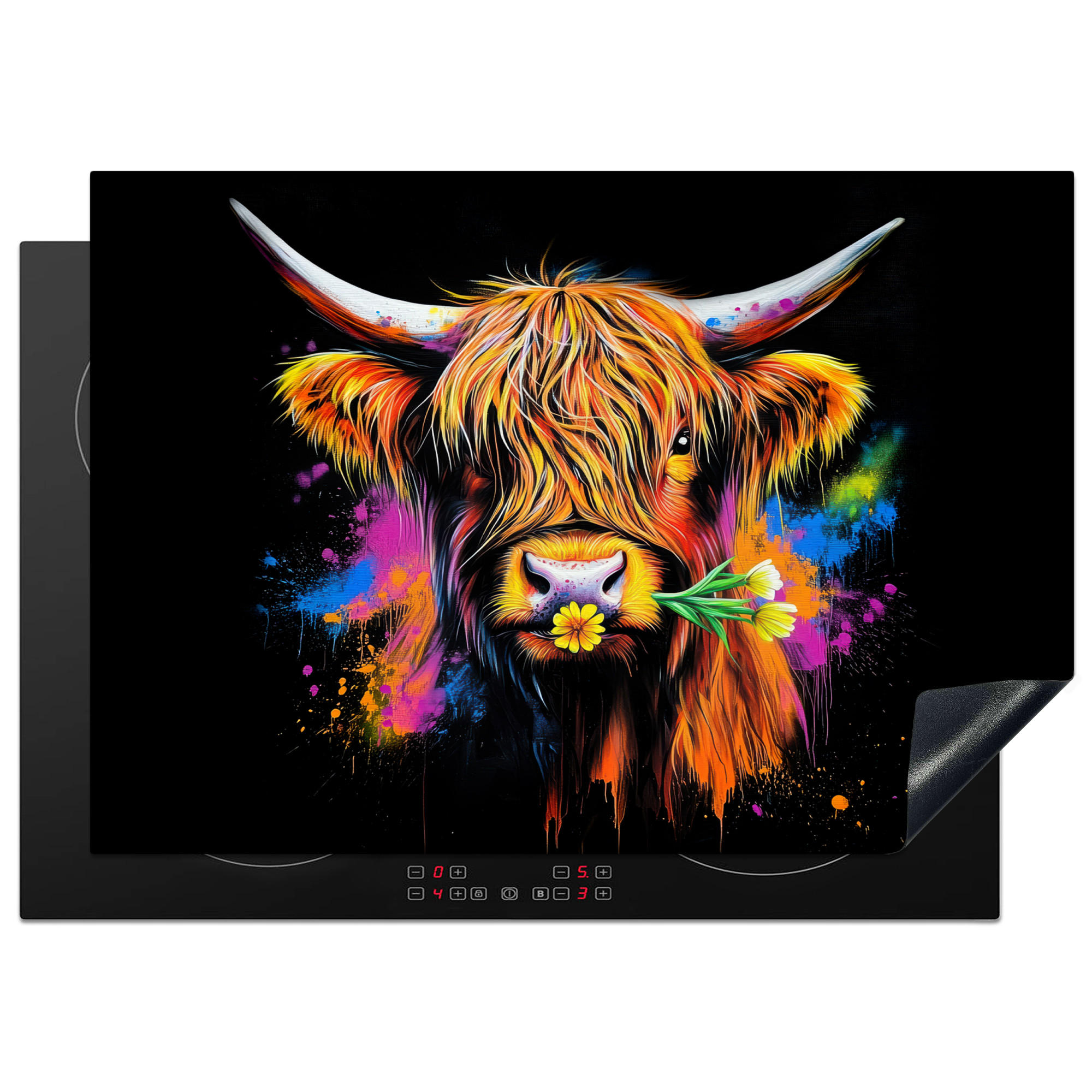 HERDABDECKPLATTE Schottischer Highlander - Graffiti - Bunt - Blume - Tiere Herdabdeckung Induktionsfeld 75x52 cm - Multicolor, Kunststoff (75/52/0.2cm) - MuchoWow