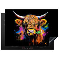 HERDABDECKPLATTE Schottischer Highlander - Graffiti - Bunt - Blume - Tiere Herdabdeckung Induktionsfeld 75x52 cm - Multicolor, Kunststoff (75/52/0.2cm) - MuchoWow