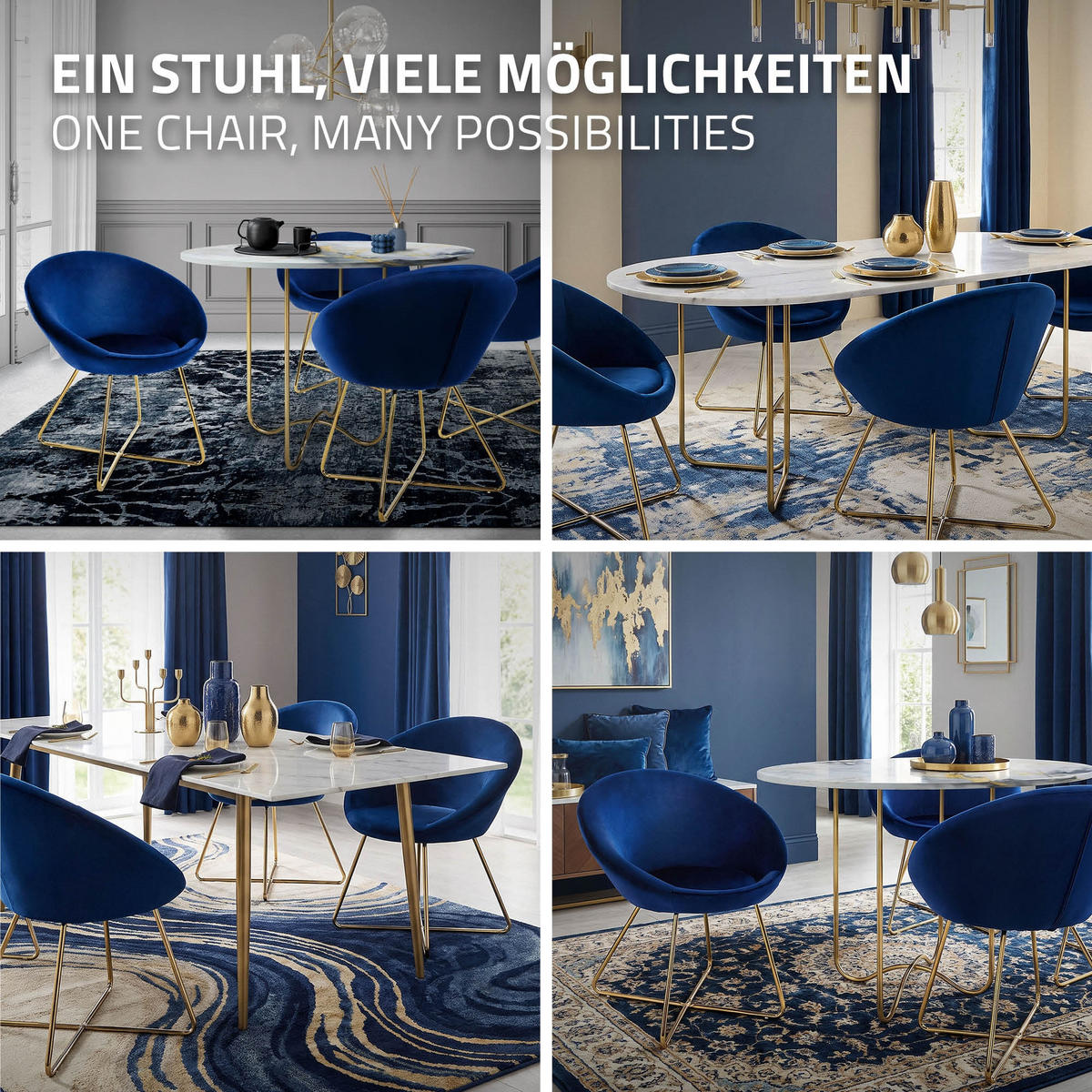 STUHL Samt blau - Blau/Goldfarben, Metall (58/74/65cm) - ML-DESIGN