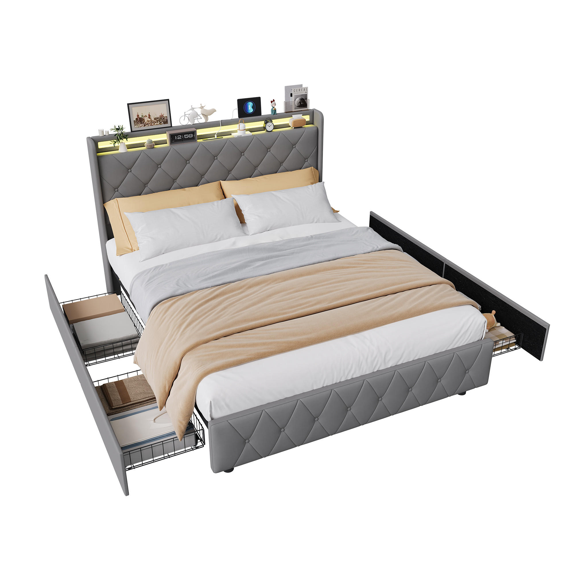 POLSTERBETT 140x200 cm, 4 Schubladen mit Rollen, RGB LED, USB-/Typ-C-Anschlüsse,Samtstoff, Grau - Grau, Holz (140/200cm) - BRILVERDE