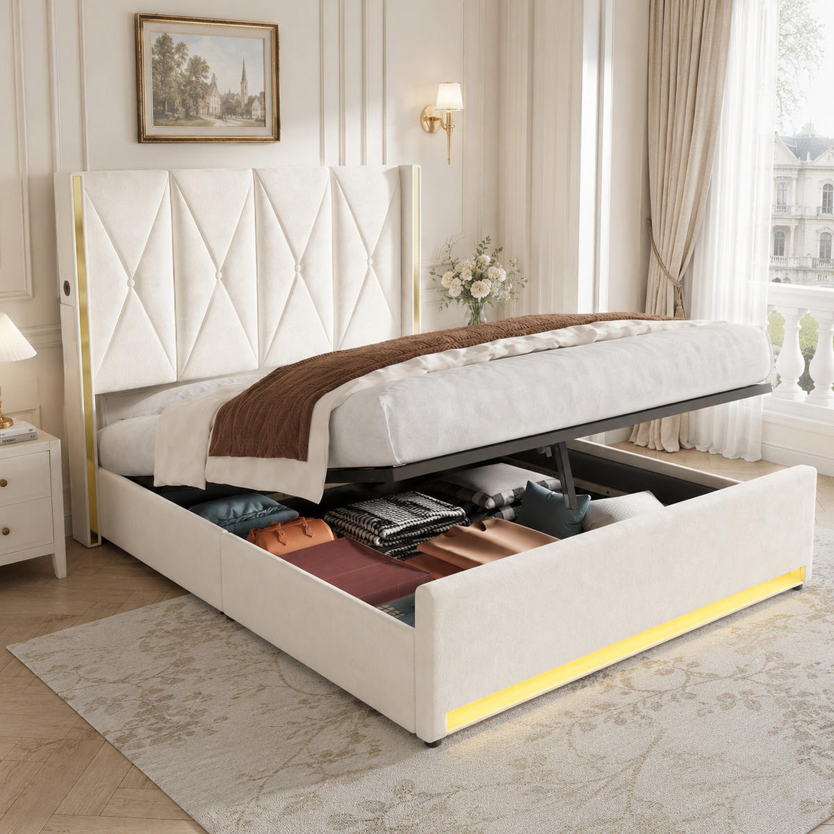 POLSTERBETT 160/200 cm in Beige Samt mit Bettkasten, LED, USB und Seitentaschen - Beige, Holzwerkstoff/Textil (160/200cm) - STILVORA