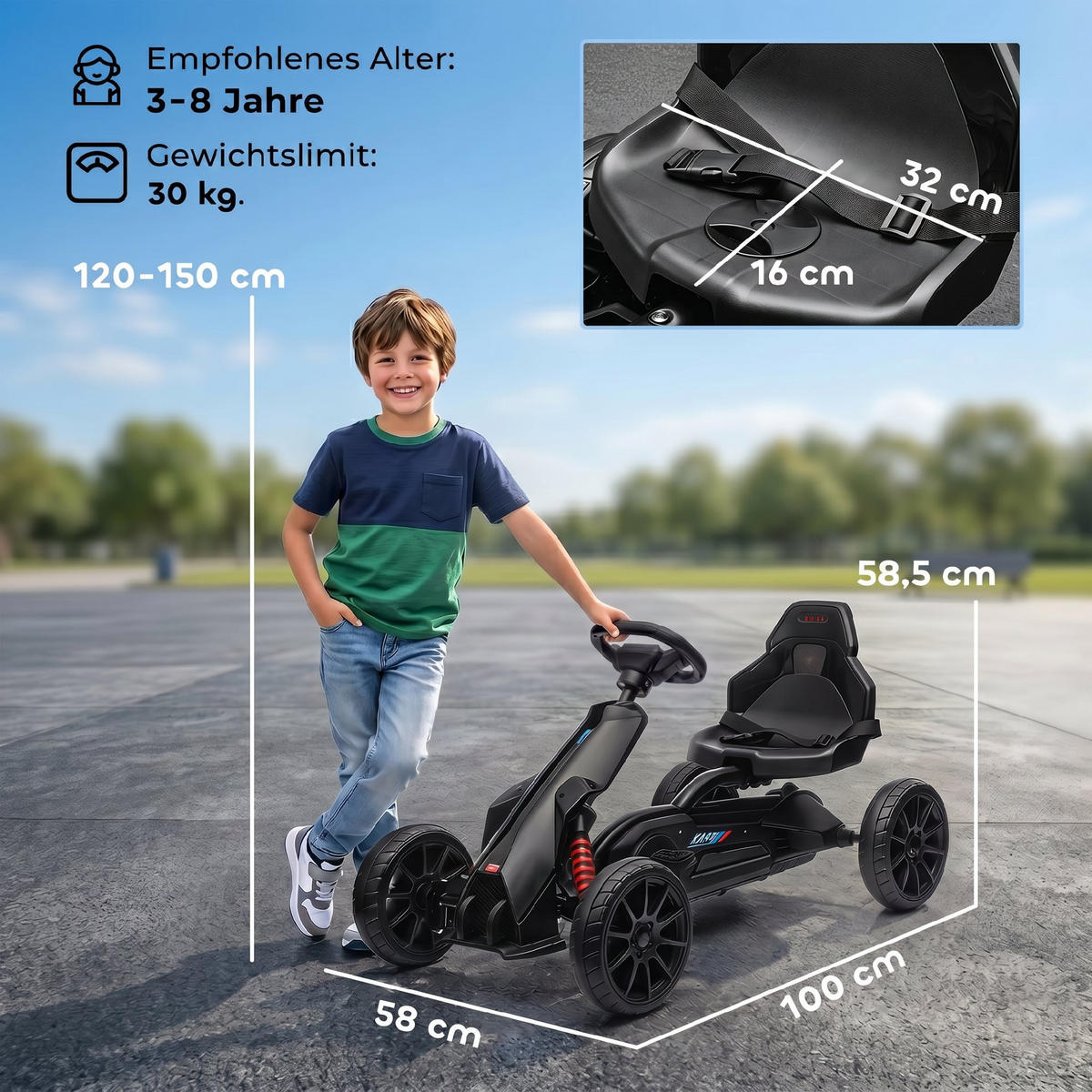 DĚTSKÝ ŠLAPACÍ GOKART, černý, plast, kov - černá, kov (100/58/58.5cm) - HOMCOM