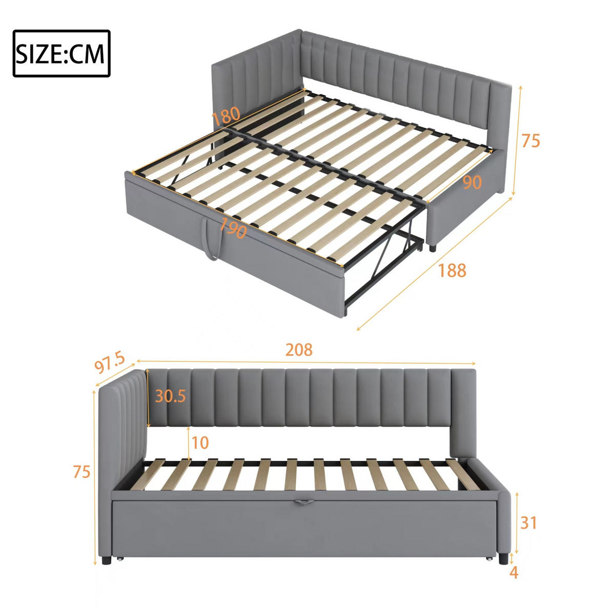 POLSTERBETT 90/200 cm Grau aus Samt mit Ausziehbett - Grau, Textil (90/180cm) - OKMYHOME