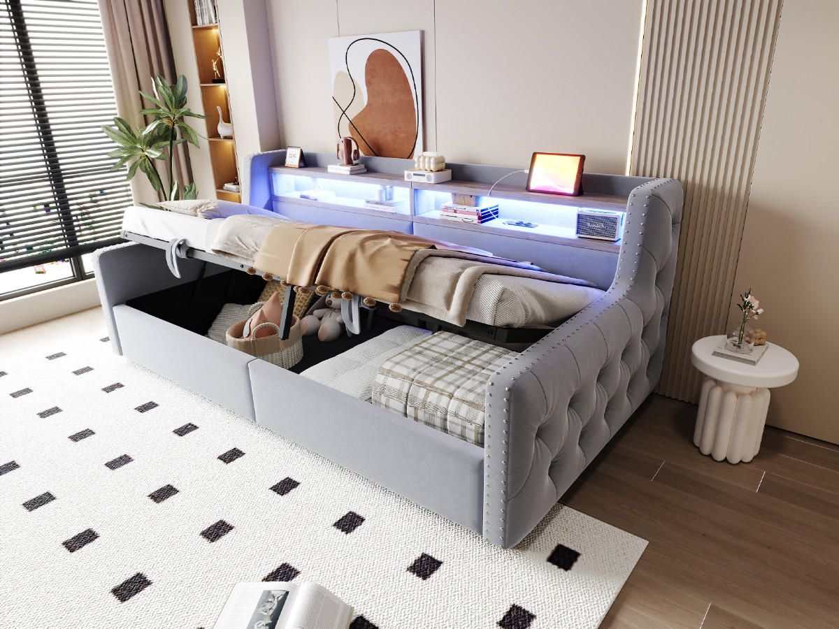 POLSTERBETT 90x200 cm LED USB Stauraum hellgrau - Hellgrau, Textil (90/200cm) - LEBENLANG