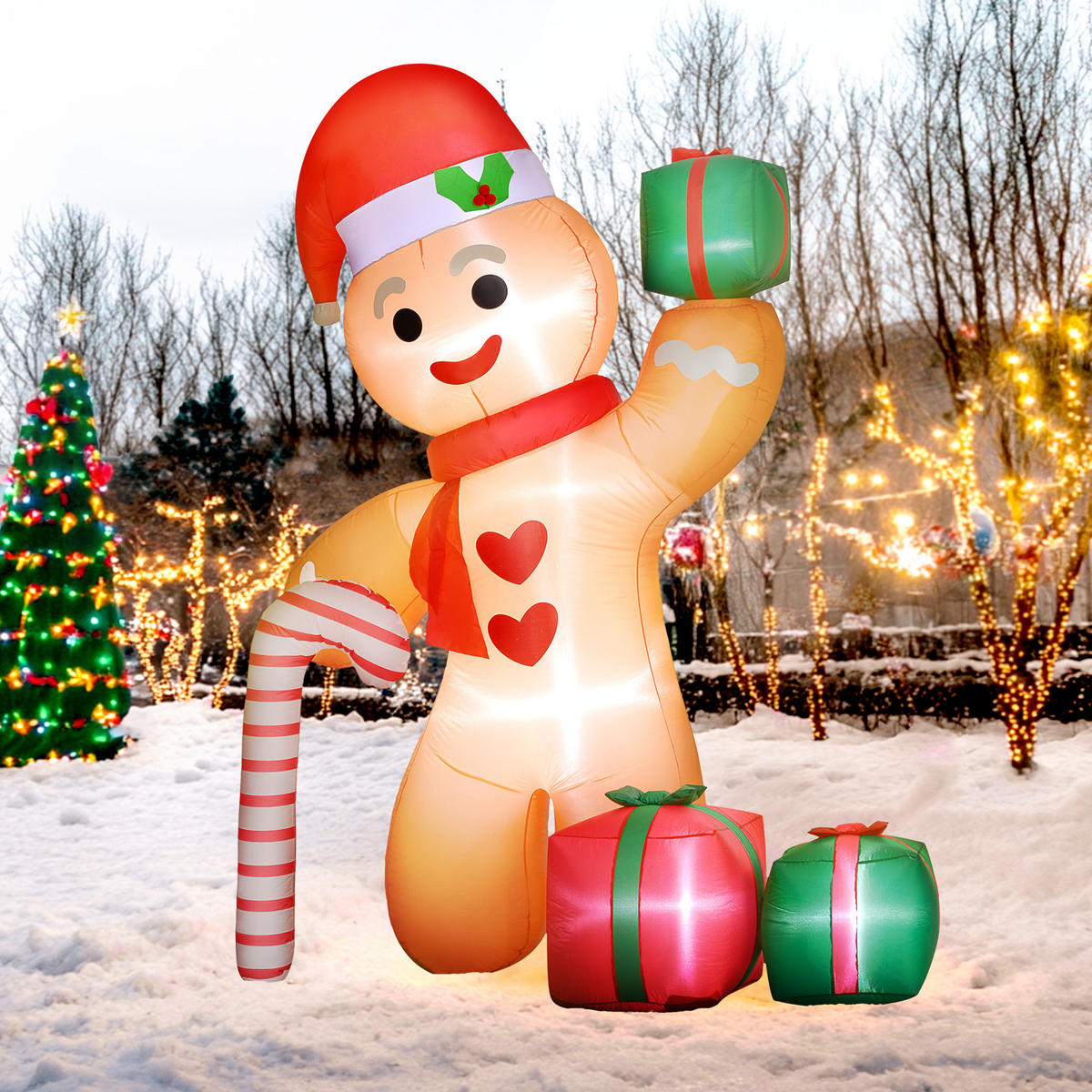 AUFBLASBARE Weihnachtsdeko 2,45 m Lebkuchenmann mit Zuckerstange, 6 LEDs - Orange, Kunststoff (100/245/170cm) - Outsunny
