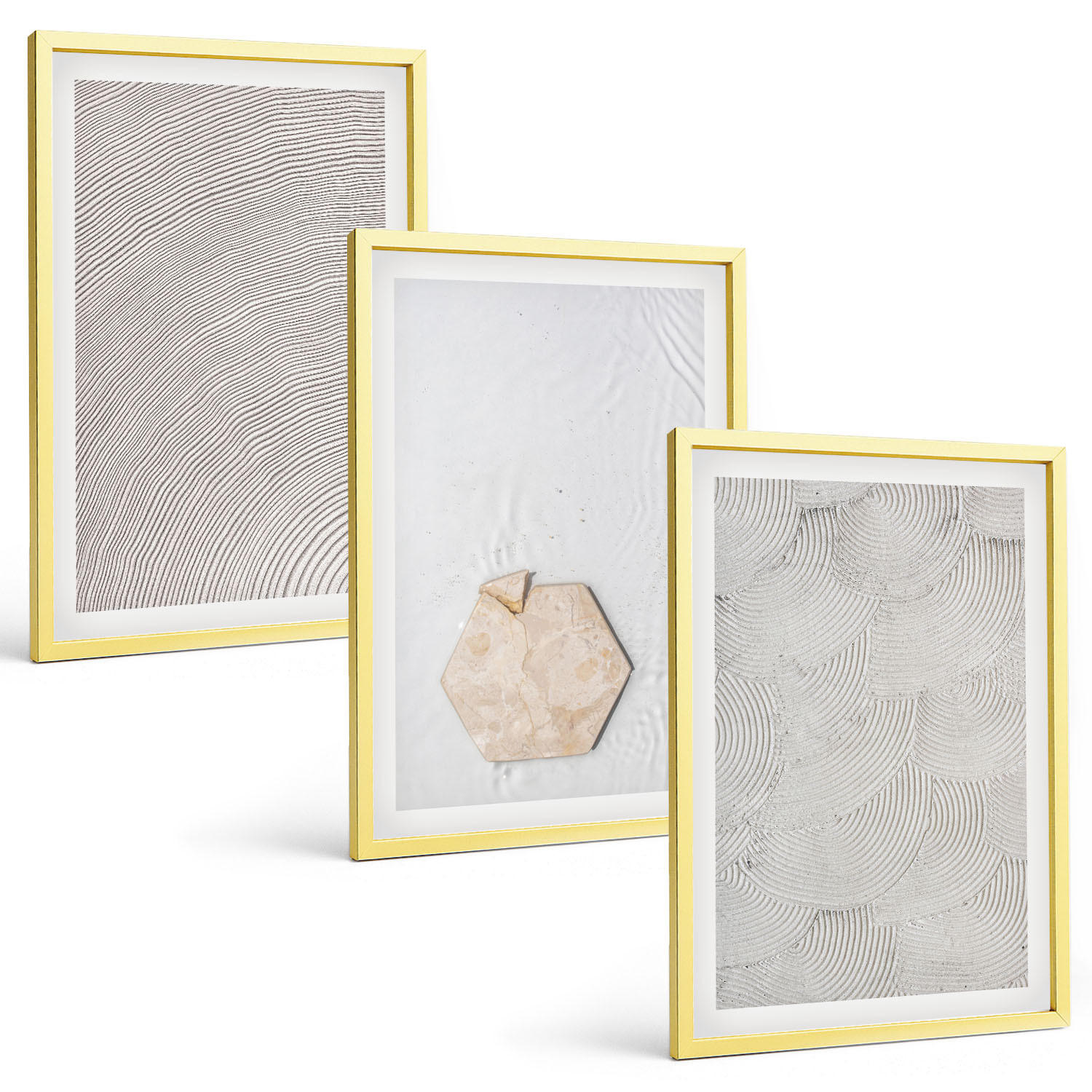 BILDER SET 3er Set - 40x60 cm Goldrahmen - Leichte Boho-Sandtexturen - Goldfarben, Kunststoff (40/60cm) - TULUP