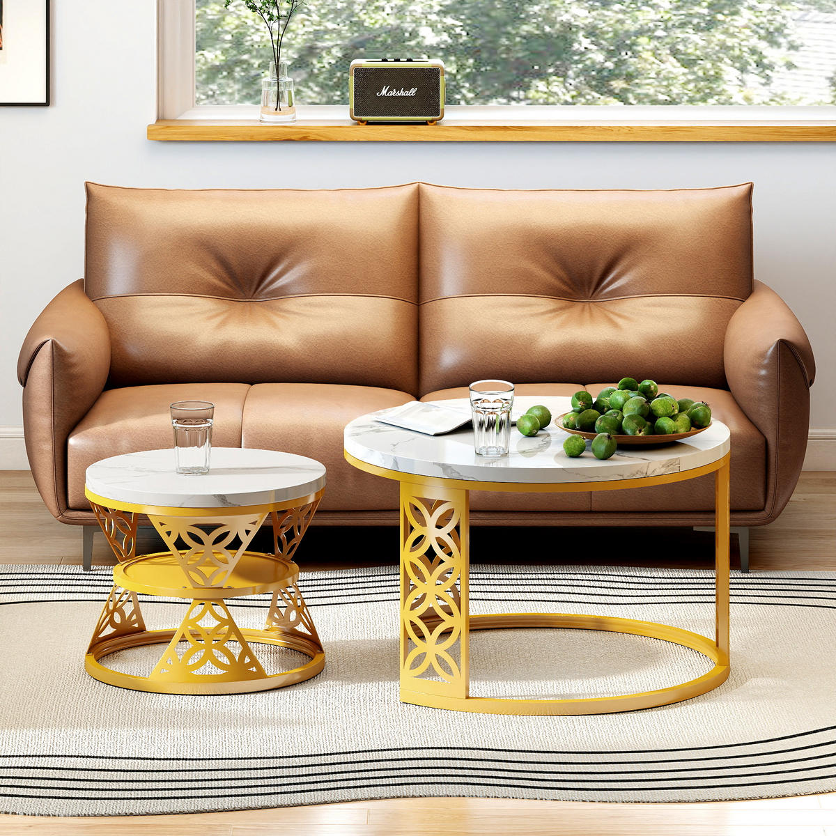 COUCHTISCH in Goldfarben Hitzebeständiger Wohnzimmertisch mit Marmor-Optik Platte Sofatisch mit Metallgestell - Goldfarben/Weiß, Holzwerkstoff/Metall (70/70/45cm) - STILVORA
