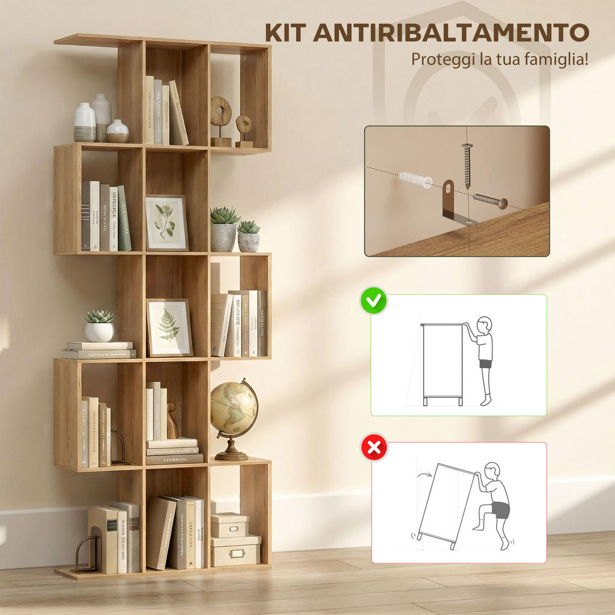 BÜCHERREGAL,5-STÖCKIG S-förmig 15 Ablagen 80x24x200cm,eichenfarbe - Beige, Holzwerkstoff (80/200/24cm) - Vallsero