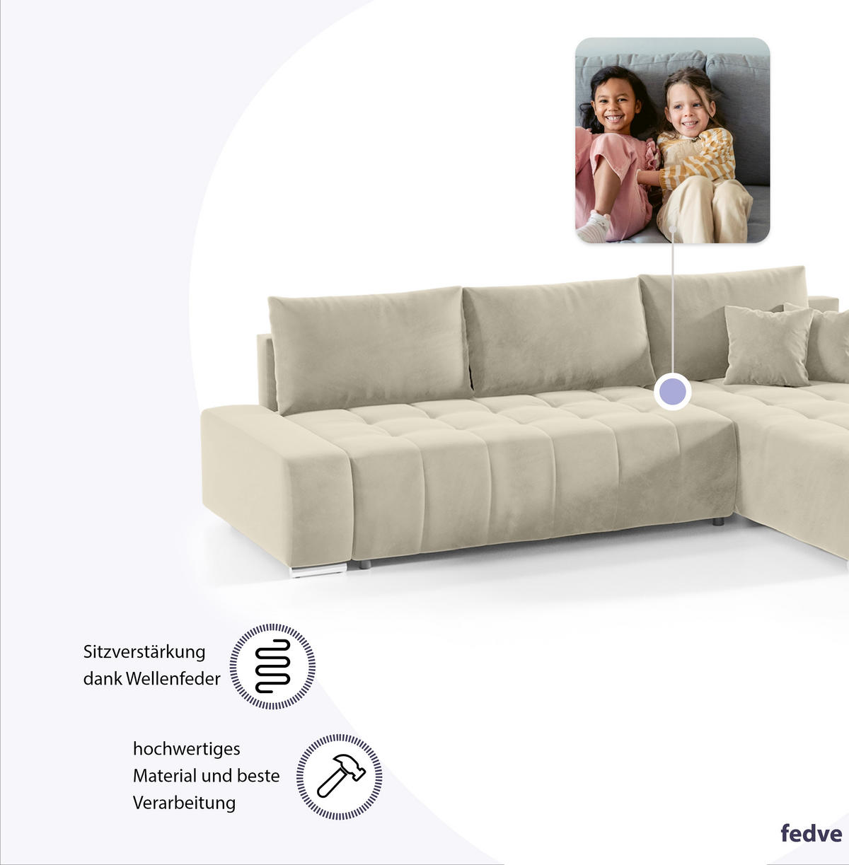 ECKSOFA mit Schlaffunktion Dhaka L, Vanille - Beige, Textil (185/265cm) - Fedve