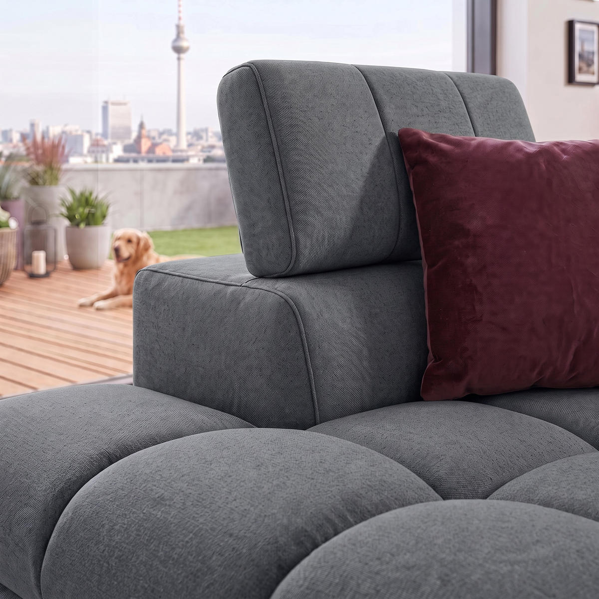 ECKSOFA PUDDING MAXI L Links mit Schlaffunktion 125x195 Velours Dunkelgrau - Dunkelgrau/Schwarz, Holz/Textil (203/350cm) - Muffo