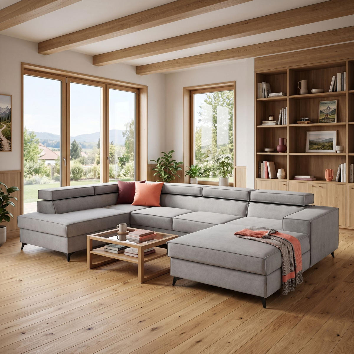 ECKSOFA PURE U Links mit Schlaffunktion 127x270 Velours Hellgrau - Hellgrau/Schwarz, Holz/Textil (340/204cm) - Muffo