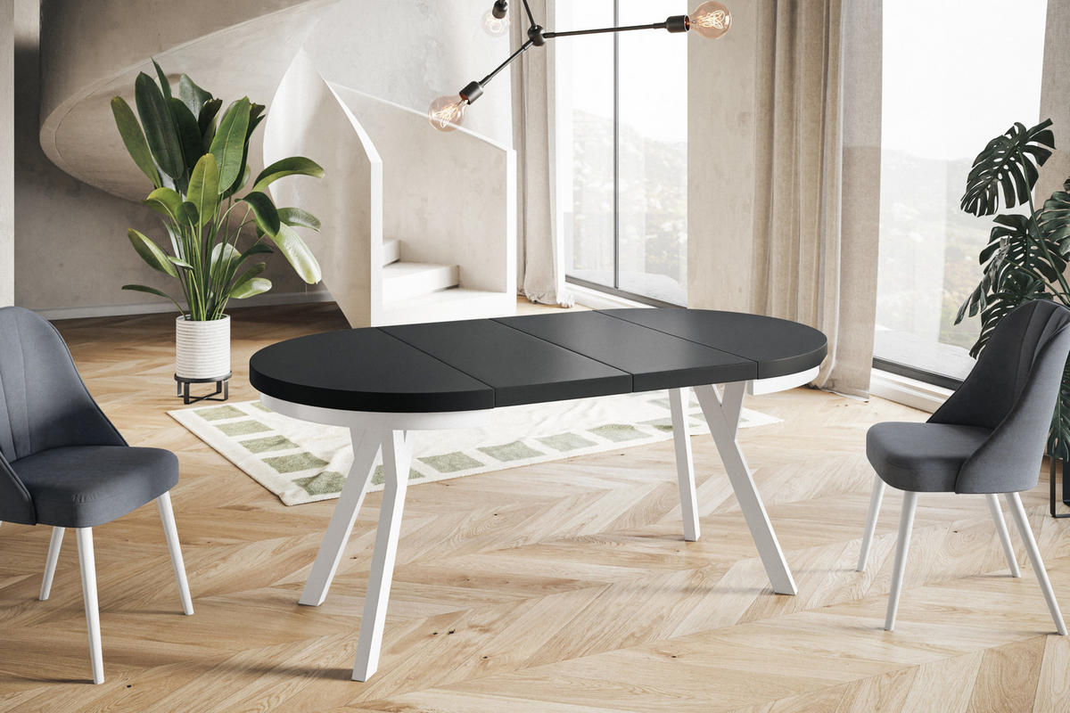ESSZIMMERTISCH EVO, ausziehbarer Tisch 100 cm bis 200 cm, Farbe: Schwarz, mit Holzbeinen in Farbe Weiß - Schwarz/Weiß, Holzwerkstoff (100/100/77cm) - Alpi-Möbel