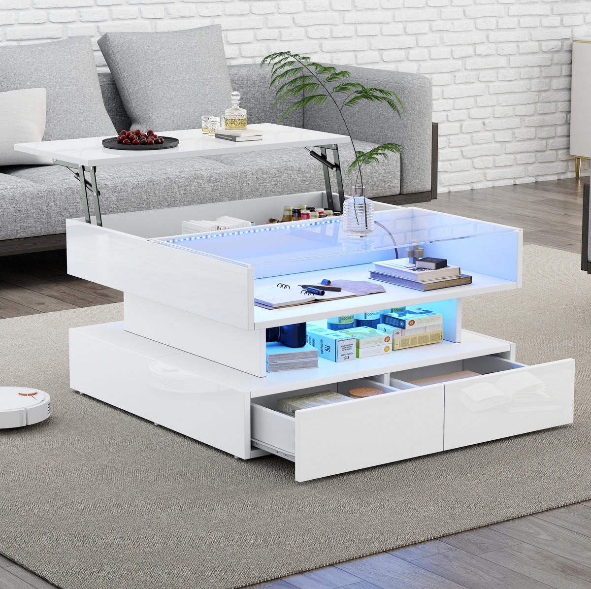COUCHTISCH aus Spanplatte 80x80x45 cm Weiß mit LED & Hubfunktion - Weiß, Holzwerkstoff (80/80/45cm) - Modfu