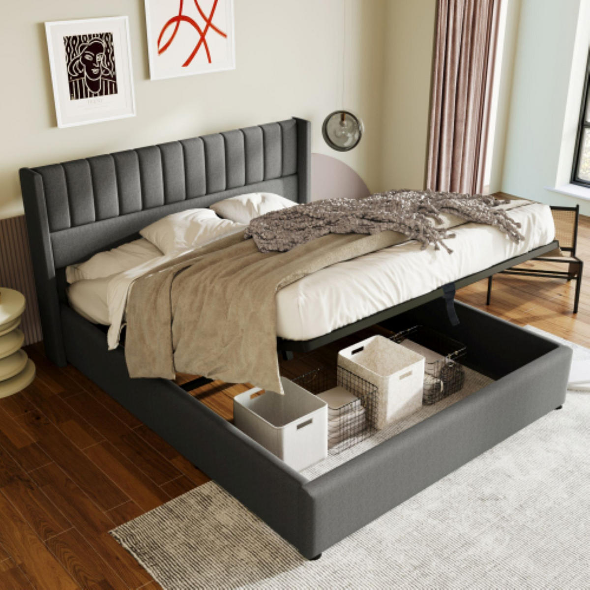 POLSTERBETT 160/200 cm in Grau Leinen mit Bettkasten, Lattenrost und Matratze - Grau, Holzwerkstoff/Textil (160/200cm) - CHICFURN