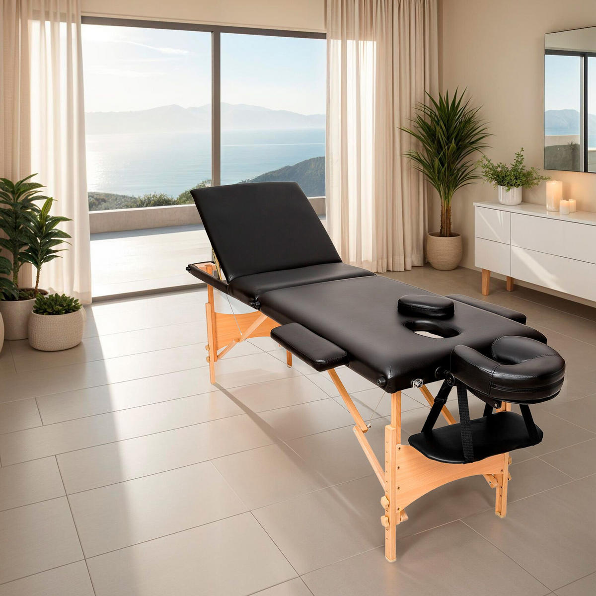 MASSAGELIEGE 3 Zonen Daniel,210 x 95 x 84 cm,schwarz - Schwarz, Holz (61/62/185cm) - tectake