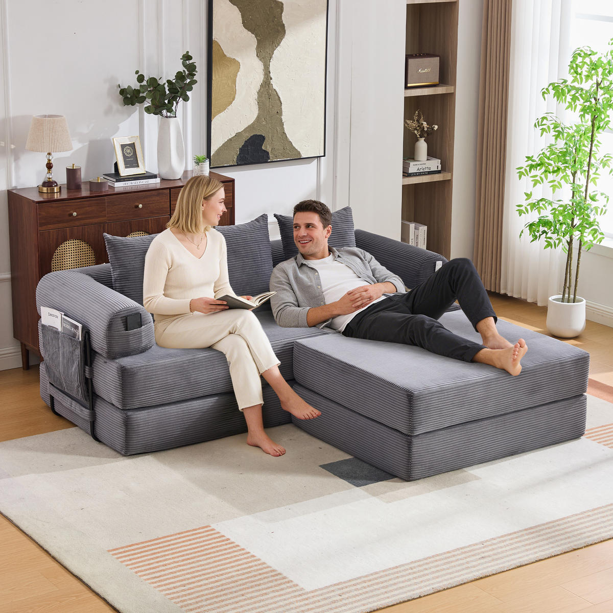 ECKSOFA Cord Dunkelgrau mit Hocker, Kissen und Seitentasche - Dunkelgrau, Textil/Metall (218/285cm) - WISHDOR