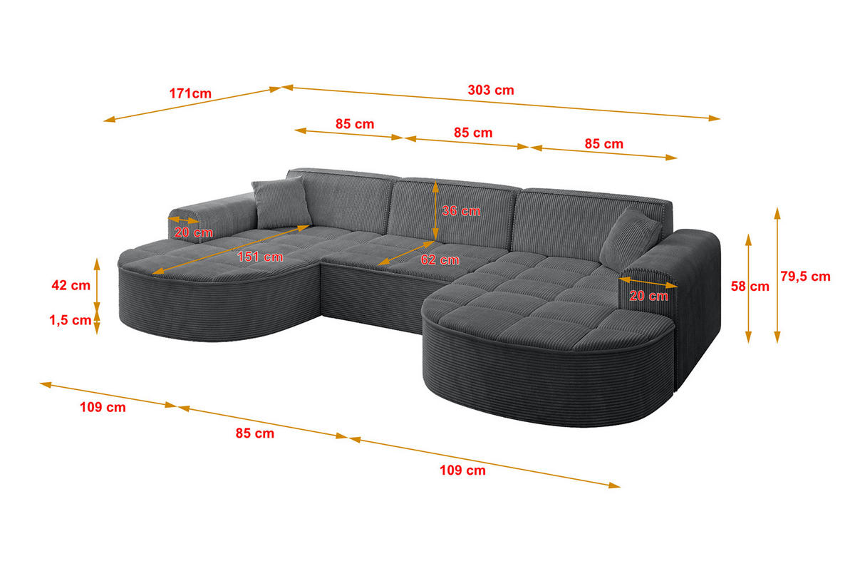 WOHNLANDSCHAFT TARO-U1 - 303x171x79,5 cm Duneklgrau - Dunkelgrau, Holzwerkstoff/Textil (303/79.5/171cm) - ALTDECOR