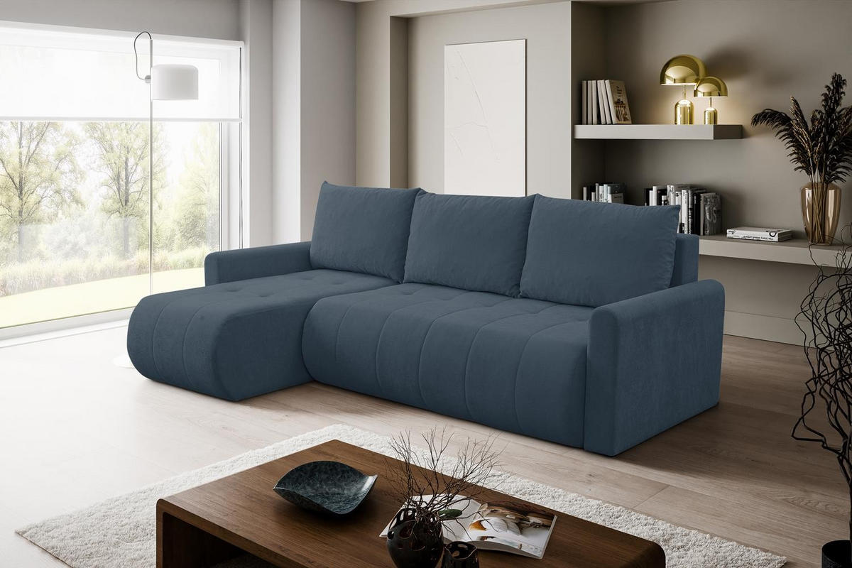 ECKSOFA Sprento Dunkelblau, in Chenille-Stoff, mit Schlaffunktion und Bettzeugfach - Blau, Holzwerkstoff/Textil (230/149cm) - Bettso