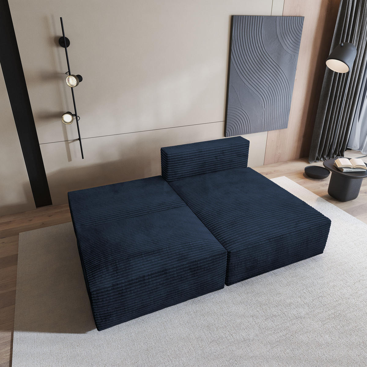 ECKSOFA FIORO Blau Kordstoff mit Schlaffunktion - Blau, Holz (204/148cm) - MASSENO