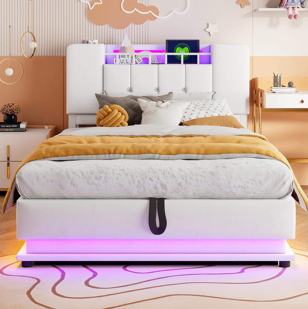DETSKÁ čalúnená posteľ z MDF a kovu 90x200 cm béžová s LED osvetlením, USB portom a hydraulickým úložným priestorom - béžová, textil (90/200cm) - Modfu
