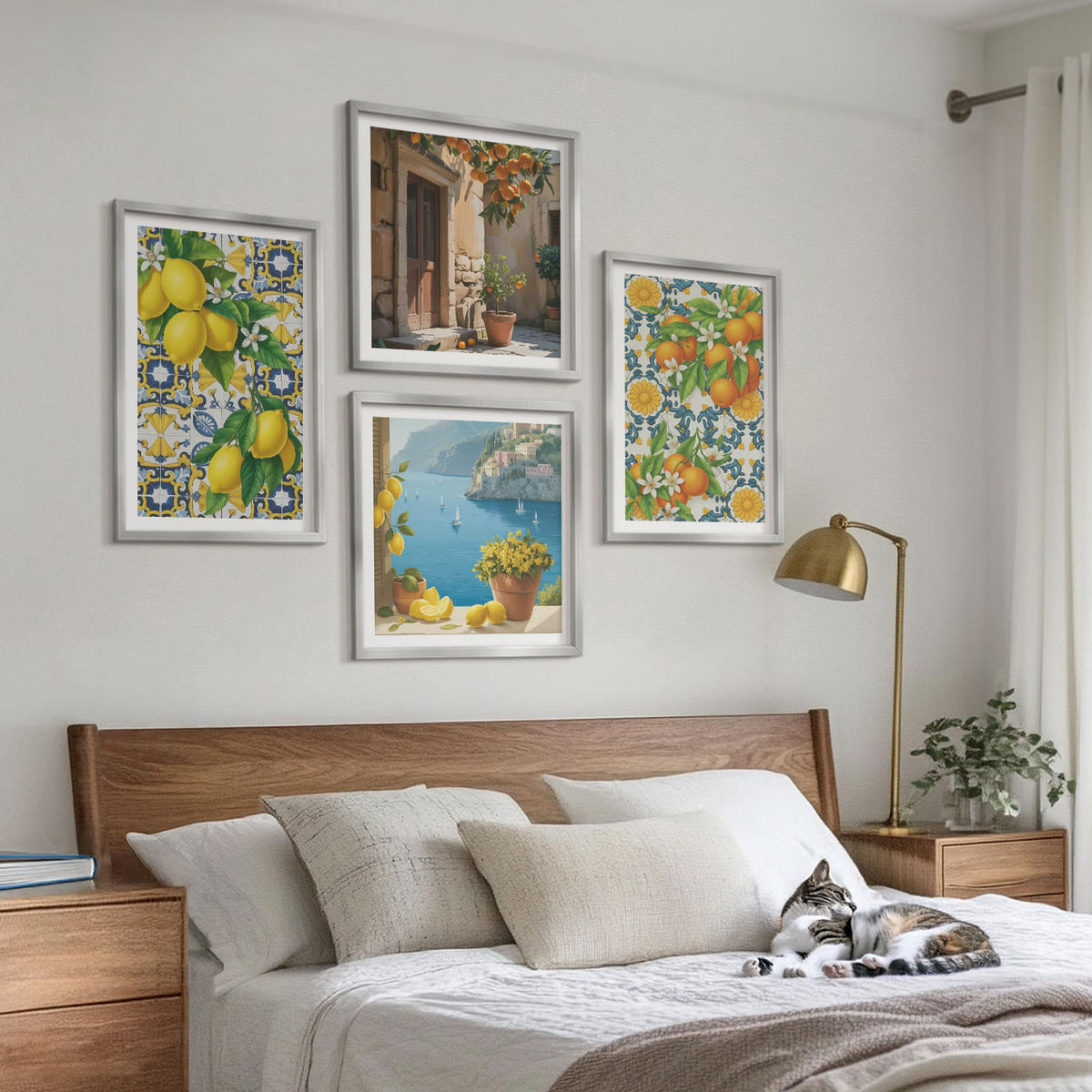 BILDER SET 4er Set - 50x50 cm & 40x60 cm Silberner Rahmen - Zitronen, Blumen, Orangen, Italien - Silberfarben, Kunststoff (50/50cm) - TULUP