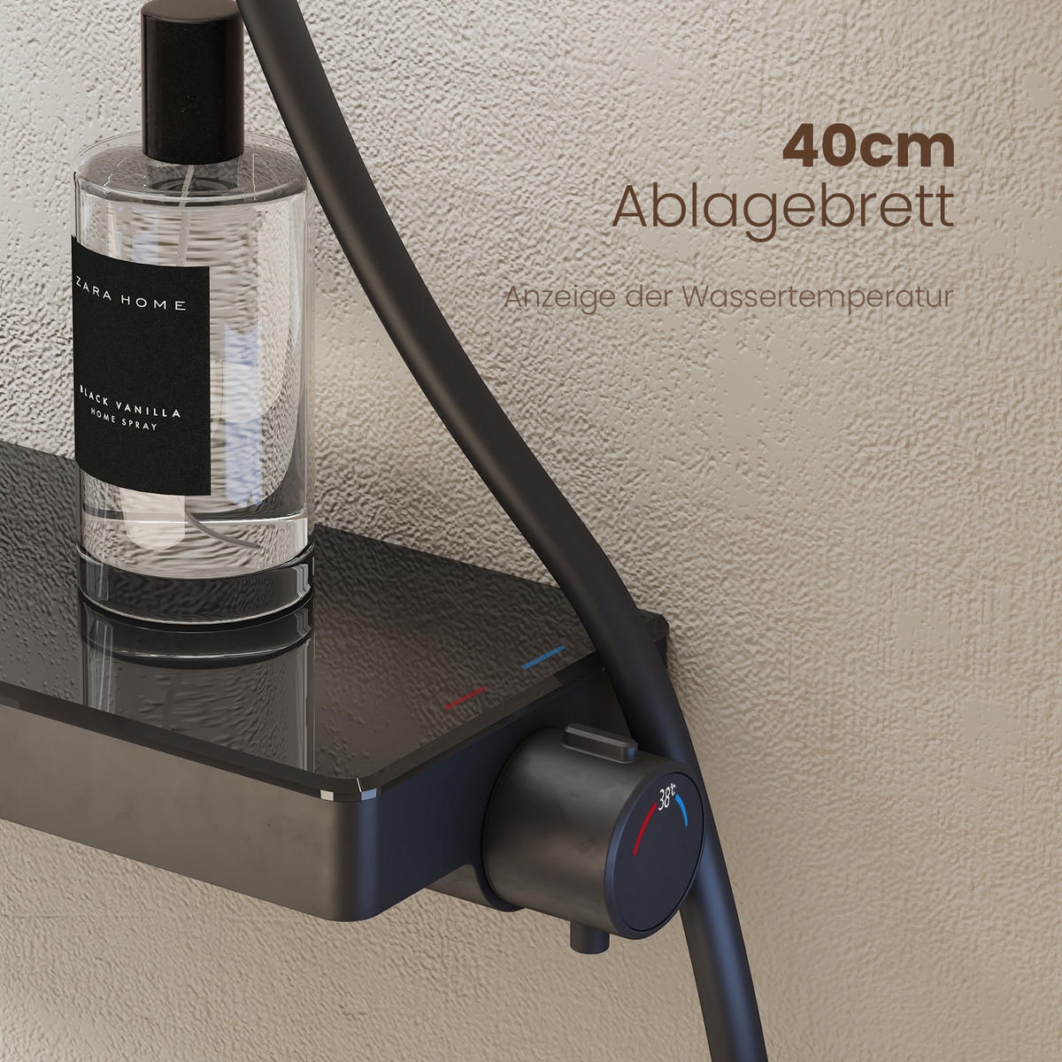 ÜBERKOPFBRAUSESET mit Thermostat Drei Wasserauslassmethoden Schwarz - Schwarz, Metall (13.5/106/44.6cm) - EMKE