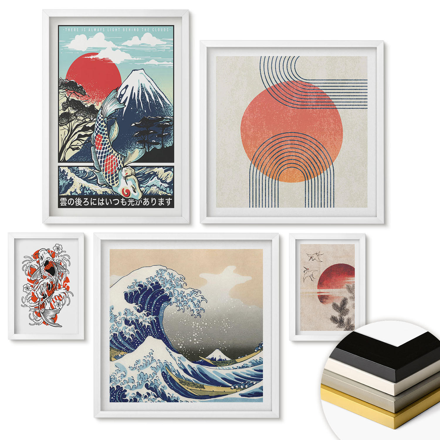 WANDBILDER 5er-Set - 50x50 cm & 20x30 cm & 40x60 cm Weißer Rahmen - Illustrationen von Fischbergen, die sich in Japan ausbreiten - Weiß, Kunststoff (40/60cm) - ArtPrintCave