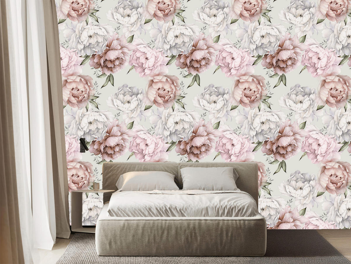 VLIESTAPETE Pfingstrosen im englischen Stil – Rosa, Grau, Weiß – 50x1000 cm - Rosa/Weiß, Papier (50/1000cm) - Muralo