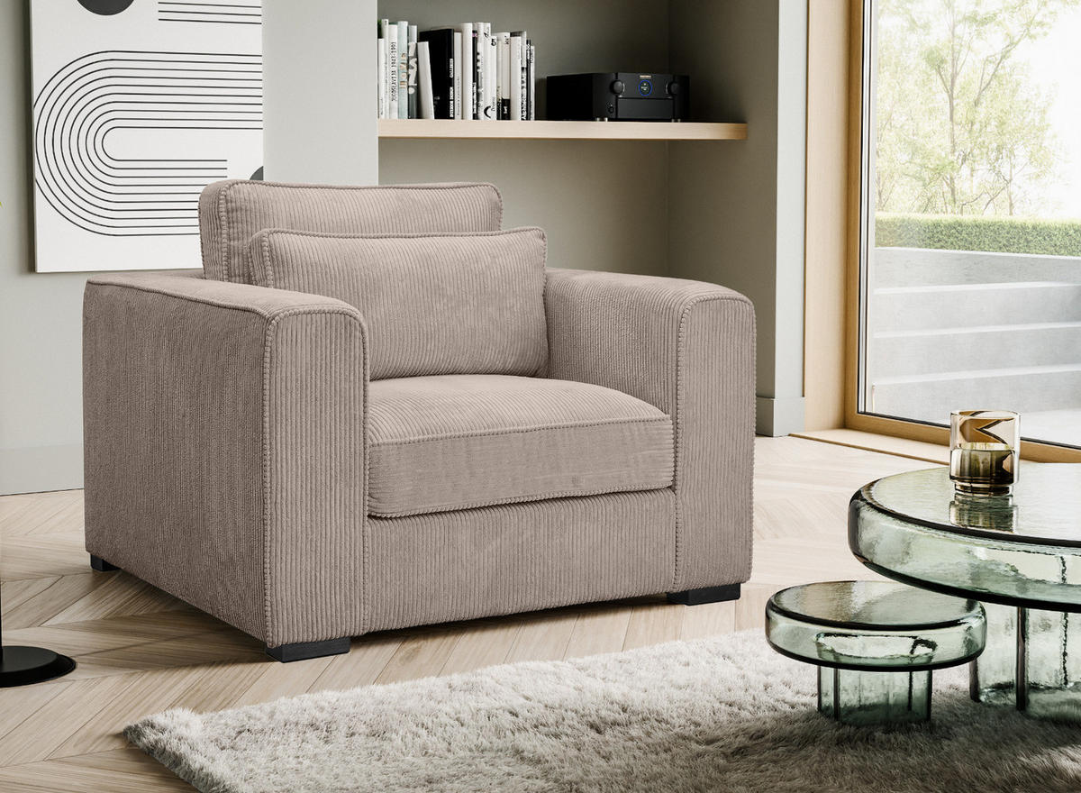 SESSEL beige-braun Cord, Loungesessel 120 cm, Wohnzimmersessel mit Wellenfederung - Schwarz/Braun, Holzwerkstoff/Kunststoff (120/92/112cm) - Inn.Furn