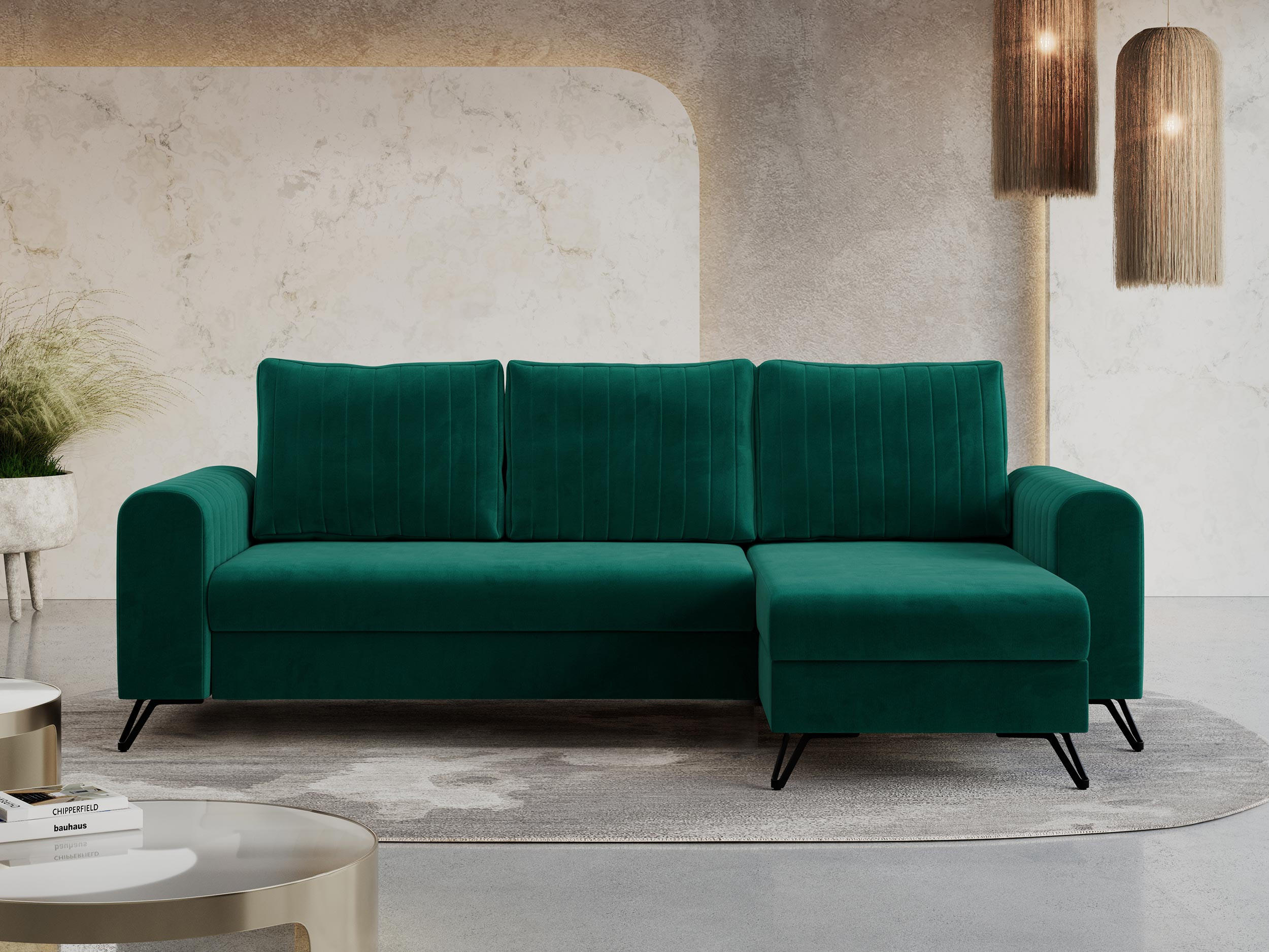 ECKSOFA Axel Velvet Dunkelgrün - Dunkelgrün/Schwarz, Textil/Metall (242/140cm) - MKS