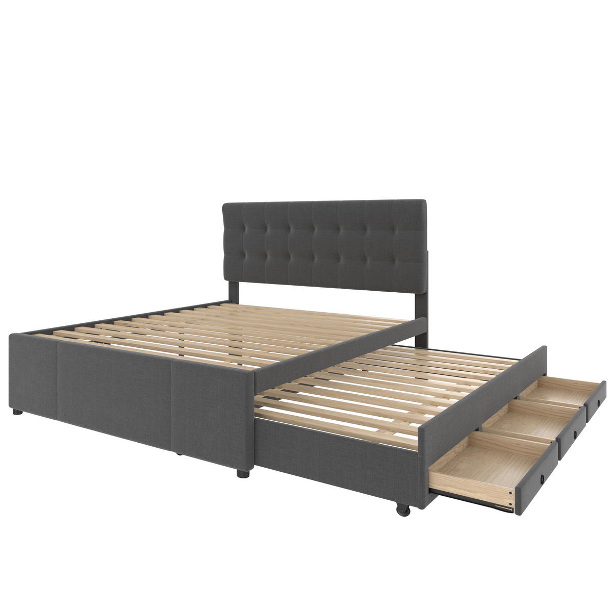 POLSTERBETT 140x200cm Grau Doppelbett 3 Schubladen Ausziehbett Kopfteil - Grau, Holz (140/200cm) - FLIEKS