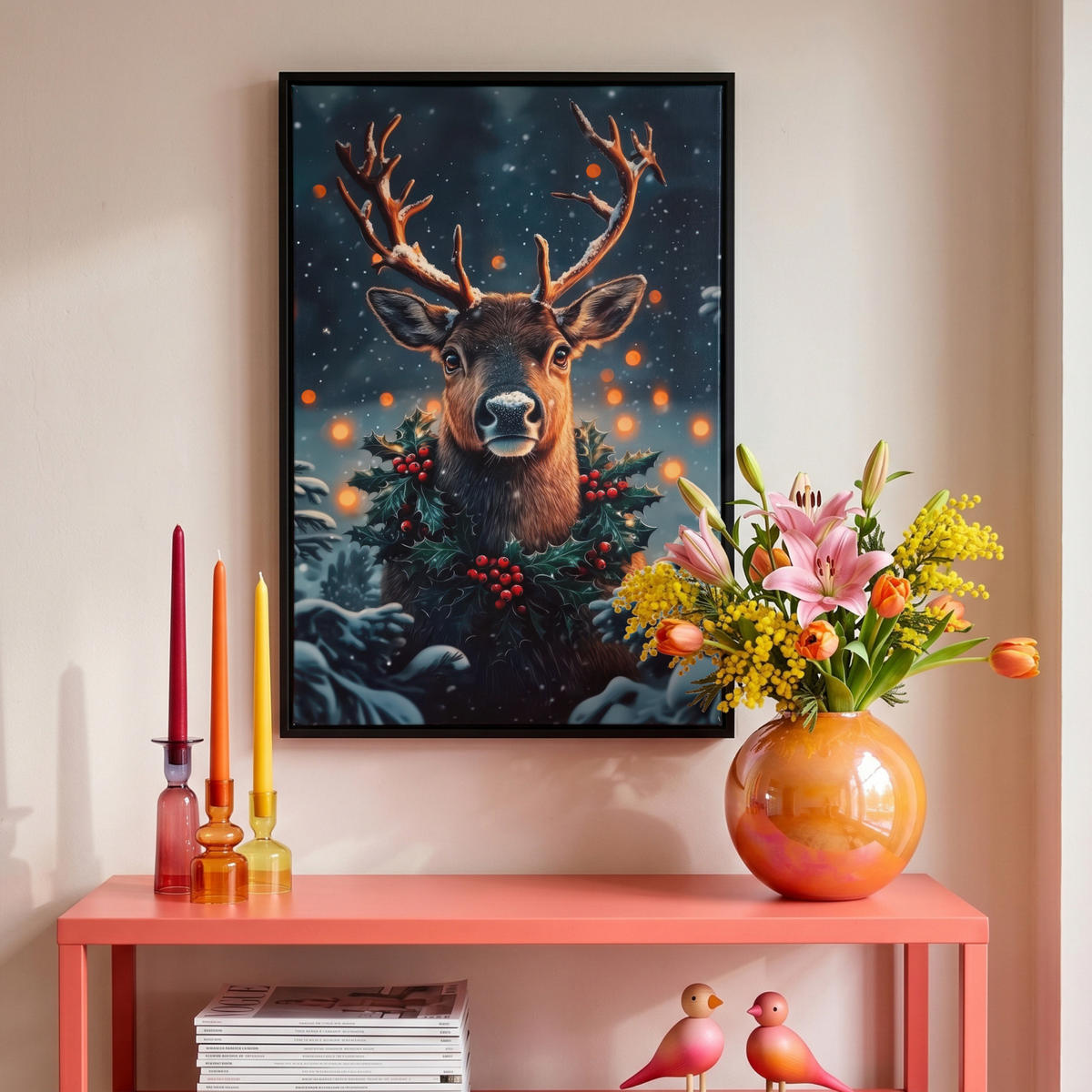 LEINWAND Bilder mit Rahmen - Hirsch - Weihnachten - Winter - Schnee - Weihnachtskranz - 40x60 - Dunkelbraun, Textil (40/60cm) - MuchoWow