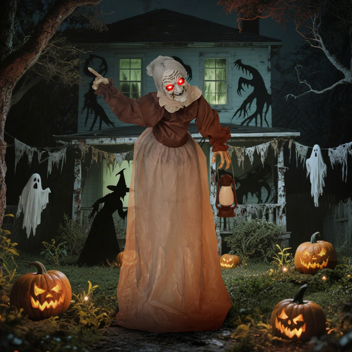 HALLOWEEN-DEKORATION Hexe 150 cm mit LED-Lichter, Soundfunktion - Braun, Textil (25/150/90cm) - Outsunny
