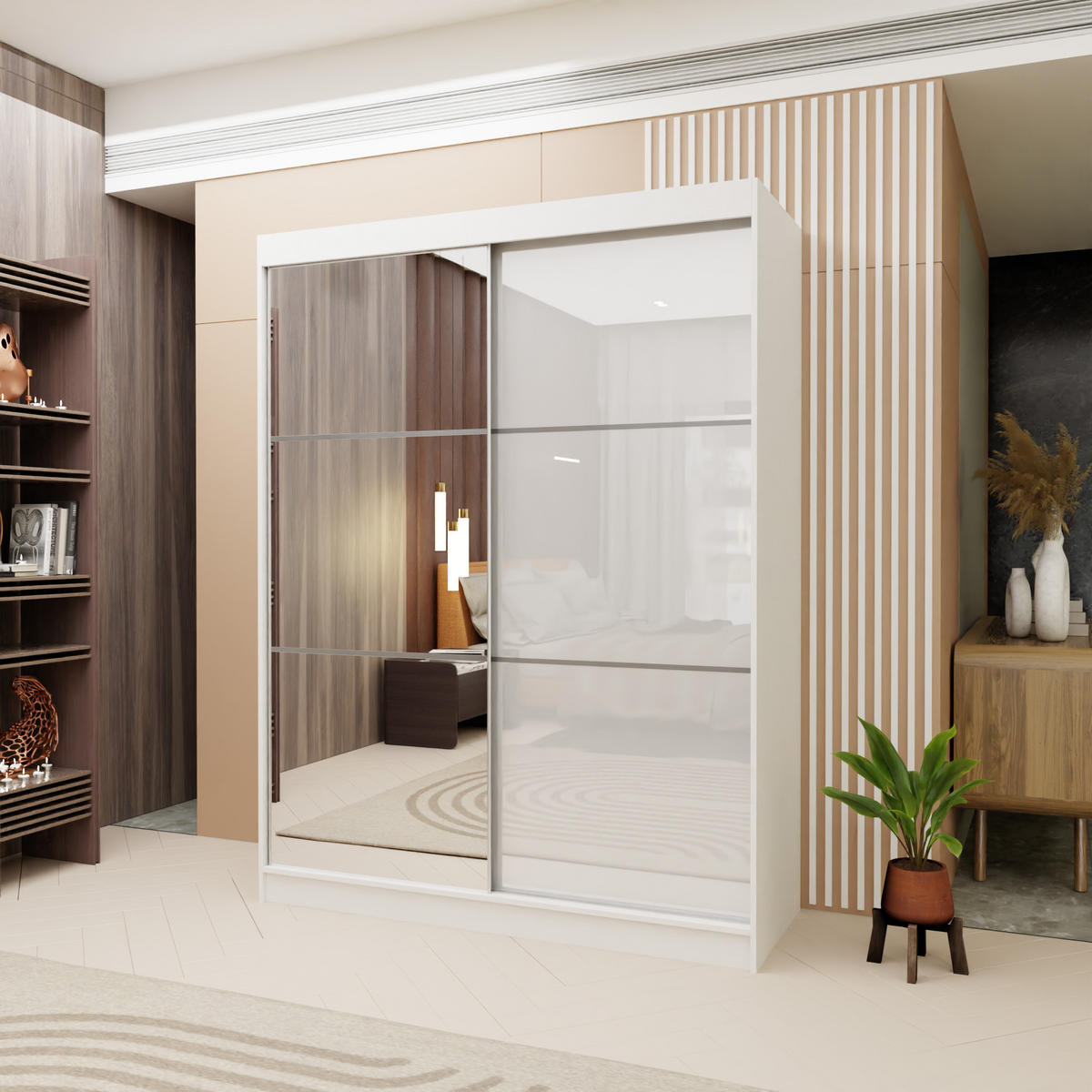 SCHWEBETÜRENSCHRANK VITALE 160/216/61 cm 2-türig mit Spiegel Weiß - Weiß, Holzwerkstoff (160/216/61cm) - MASSENO