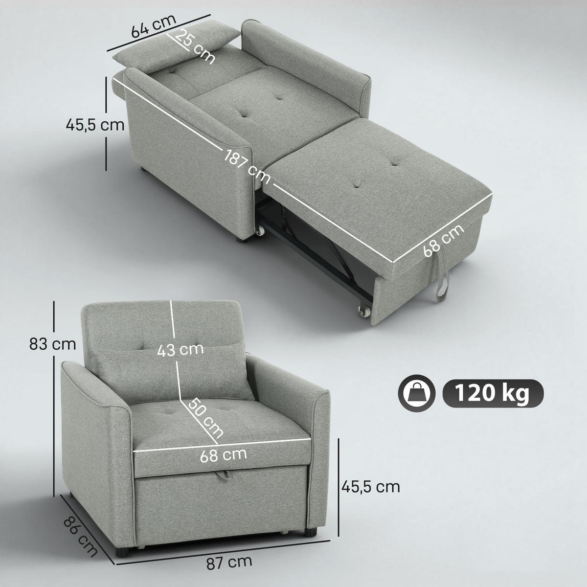 SCHLAFSESSEL Polyester Schaumstoff Grau - Grau, Textil (68/45.5/187cm) - HOMCOM