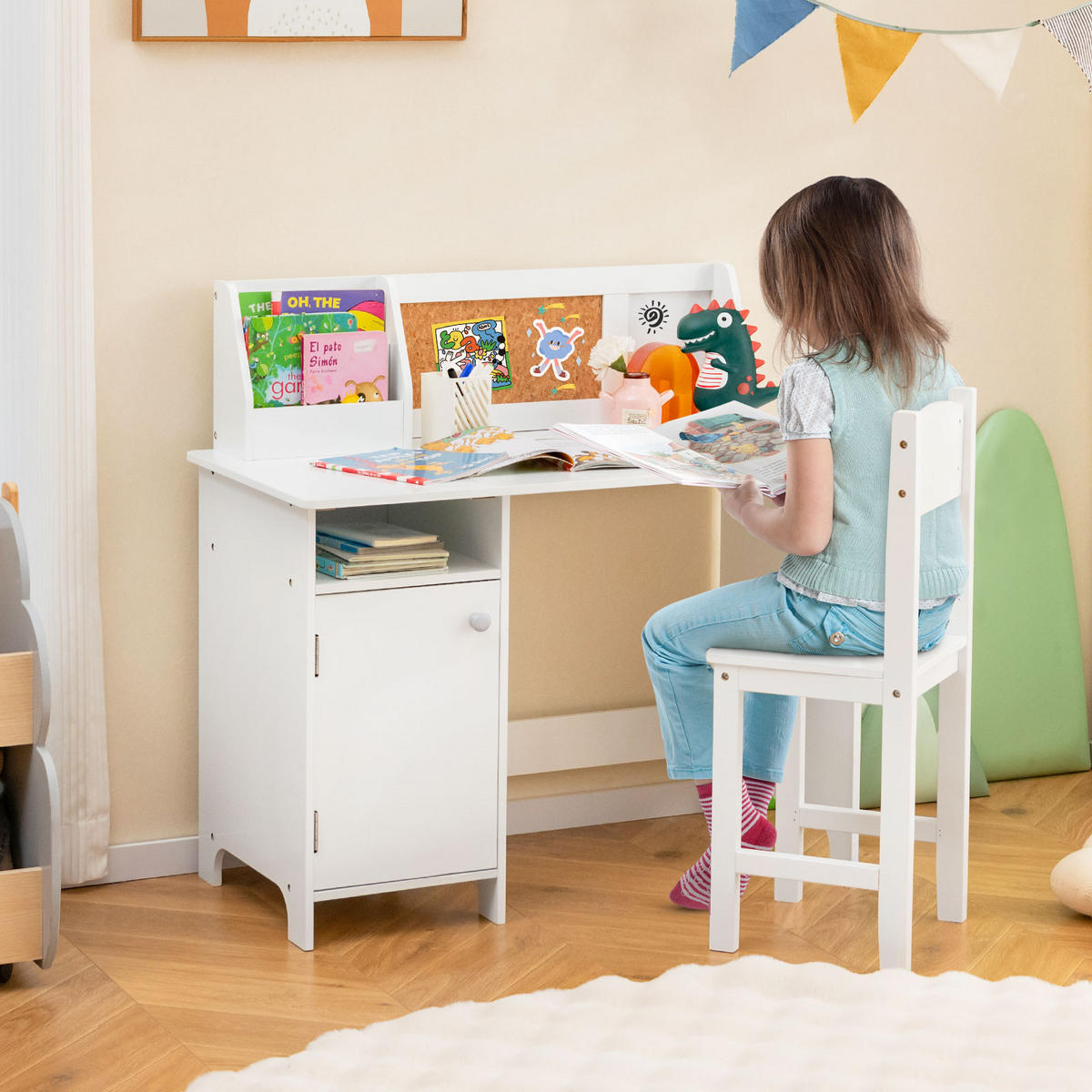 KINDERSCHREIBTISCH mit Stuhl weiß(2-tlg) - Weiß, Holzwerkstoff (90/85.5/45cm) - COSTWAY