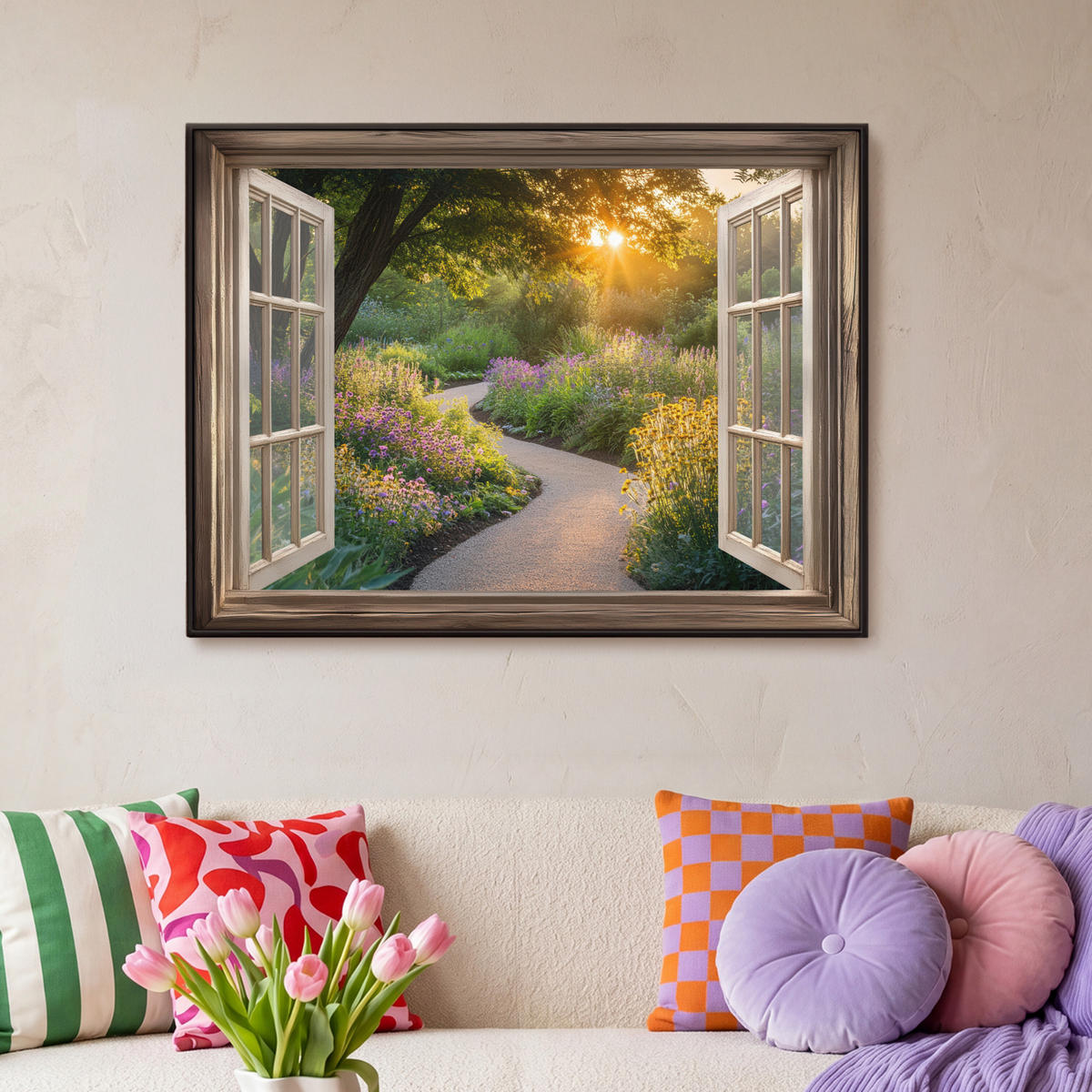 LEINWAND Bilder mit Rahmen - Aussicht - Blumen - Natur - Sonne - Weg - 100x70 - Hellgelb, Textil (100/70cm) - MuchoWow