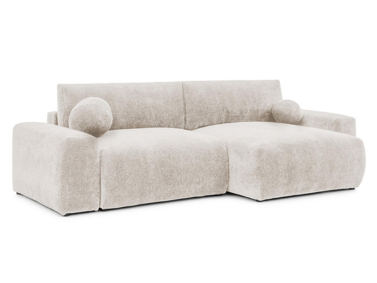 ECKSOFA Puffy mit Schlaffunktion und Bettkasten - besonders weich und puffig aus Beige Stoff mit Chenillestruktur - Ottomane rechts - Beige/Schwarz, Holz/Kunststoff (266/138cm) - S-Style Möbel