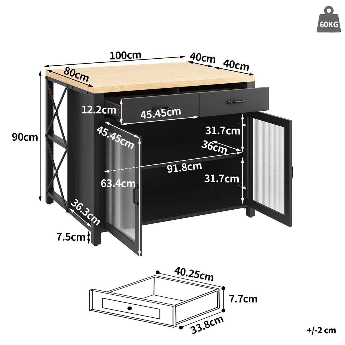 KÜCHENINSEL 100/80/90 cm Schwarz mit 2 Schubladen, LED-Lichtleiste und verstellbare Füße - Schwarz, Holz/Holzwerkstoff (110/91/40cm) - Oxeza